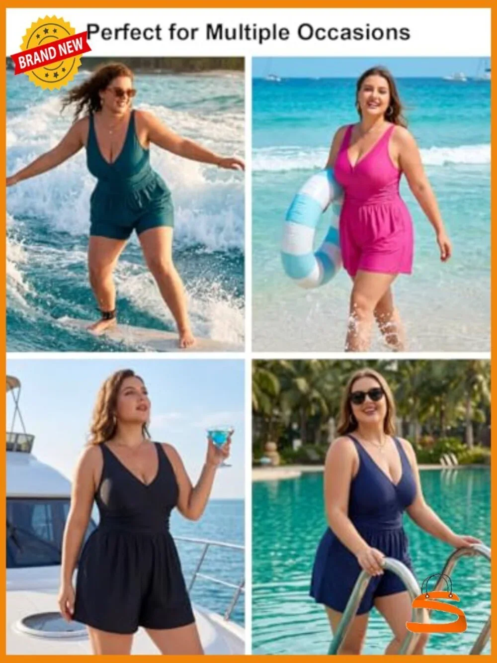 Plus Size One Piece Swimsuit Swim Romper with Shorts and Pockets